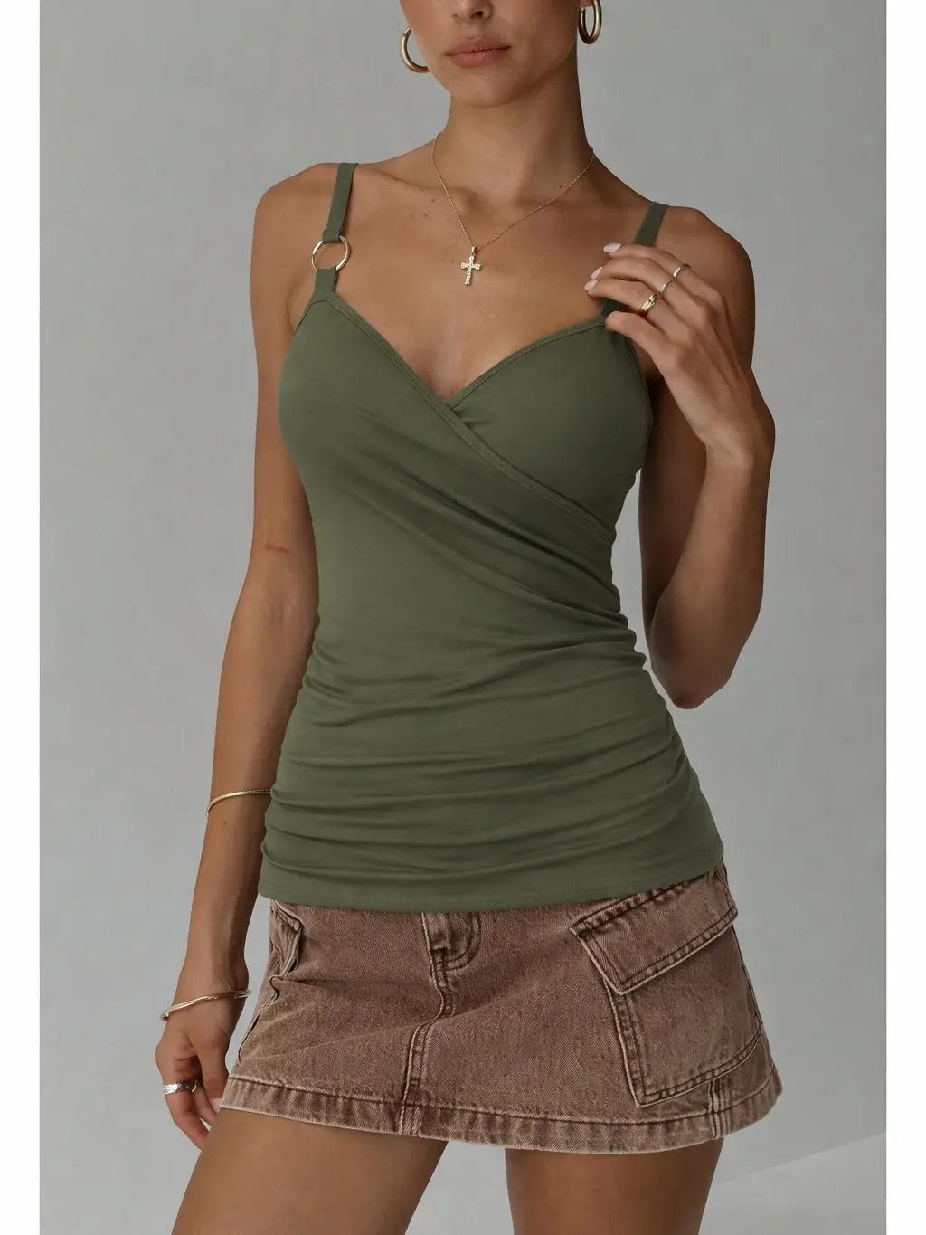 Plus Size Women's Tank Top, Casual Ribbed Long Summer Style with Ruched Sweetheart Neck, O-Ring Cross Strap and Butterfly Lace, High, Machine Washable, Pull On, Sleeveless, Lacy backtoschoolshopping, Ruched Detail, Ribbed Poly, O-Ring Straps, L, Clothes,,