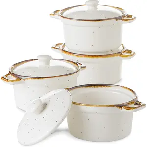 ONEMORE Ramekins with , 12 oz Ceramic Small Casserole Dish with Handles & Brown Rim for Baking Soup, Speckled Oven Safe Mini Dutch Oven Rustic Cocotte Set of 4 for Individual Serving, Creamy White