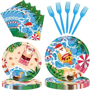 96 Pieces Christmas July Disposable Tableware Set-Tropical Beach Santa Party Supplies With Paper Plates, Napkins, Forks For Holiday Celebrations, Hawaiian Summer Christmas, and Pool Party Decor