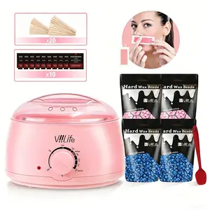 Viilife Wax Heater Depilatory Kit, Waxing Warmer, Portable Large Pot, Includes 4 Packs Wax Beans, 20 Wax Sticks, 10 Wet Wipes, 20 Rose Lip Pads