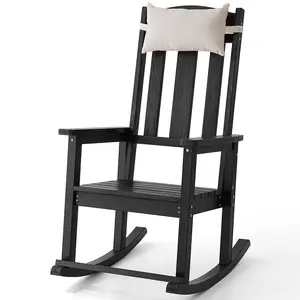 Outdoor Rocking Chair, Patio Rocking Chairs with High Back and Armrest, All Weather Oversized Porch Rocking Chairs 400 lbs Support, Black Rocking Chair with Headrest Footrest for Porch Backyard Garden