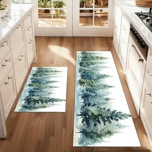 2pcs Christmas and New Year printed kitchen rug Christmas trees  watercolor illustration Floor Mat Set Farmhouse Kitchen Rug Dining Room Flooring Laundry Room Decor Carpet Mat Home Decor Rugs