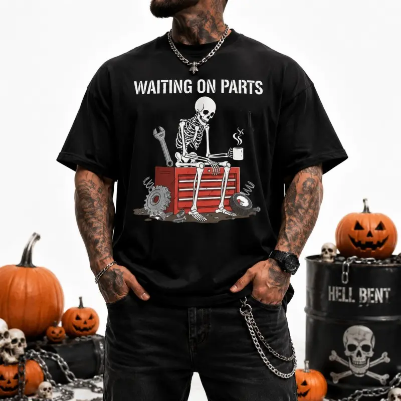 Men's Gothic Skeleton Shirt, Skeleton Mechanic Graphic, Dark Aesthetic Streetwear Tee, Halloween Top, Black or White.