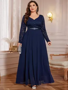 MISSMAY P54403A Plus V-Neck Floral Lace Contrast Chiffon Rhinestone Ribbon Waist Formal Evening Cocktail Party Long Dress, New Year Dress, Wedding Guest Dress, For Prom, Festivals, Graduation, Dinner