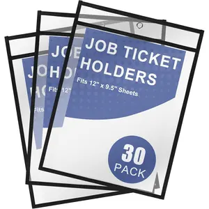 30 Pack 9x12 Black Heavy Duty Clear Job Ticket Holders, Plastic Dry Erase Pocket Sheet Protectors for 8.5 x 11 Documents - Perfect for Shop Office Classroom Home