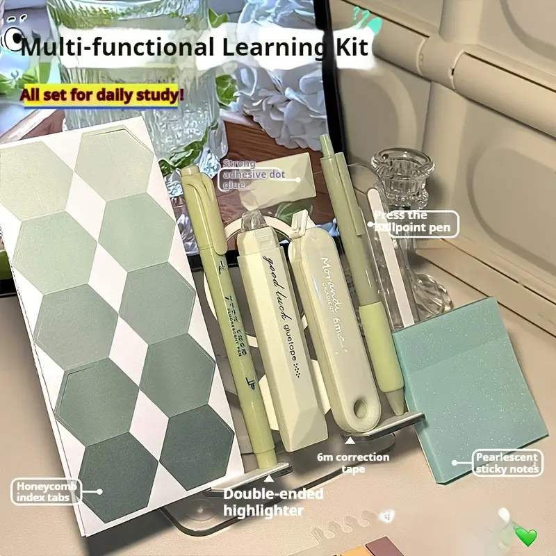 Student School Supplies Kit, 6PCS Study Essentials With Highlighter, Correction Tape, StickyNotes & Gel Pen