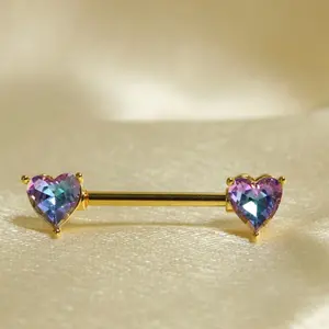 Heart Nipple Ring Gold Multicolor Heart Gem Nipple Piercing Jewelry with Colorful Gemstones
