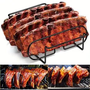 1pc Stainless Steel BBQ Rib Rack,Portable Grilling Tool for Outdoor BBQ And Smokers, Holds 4 Full Racks of Ribs, No Battery Required