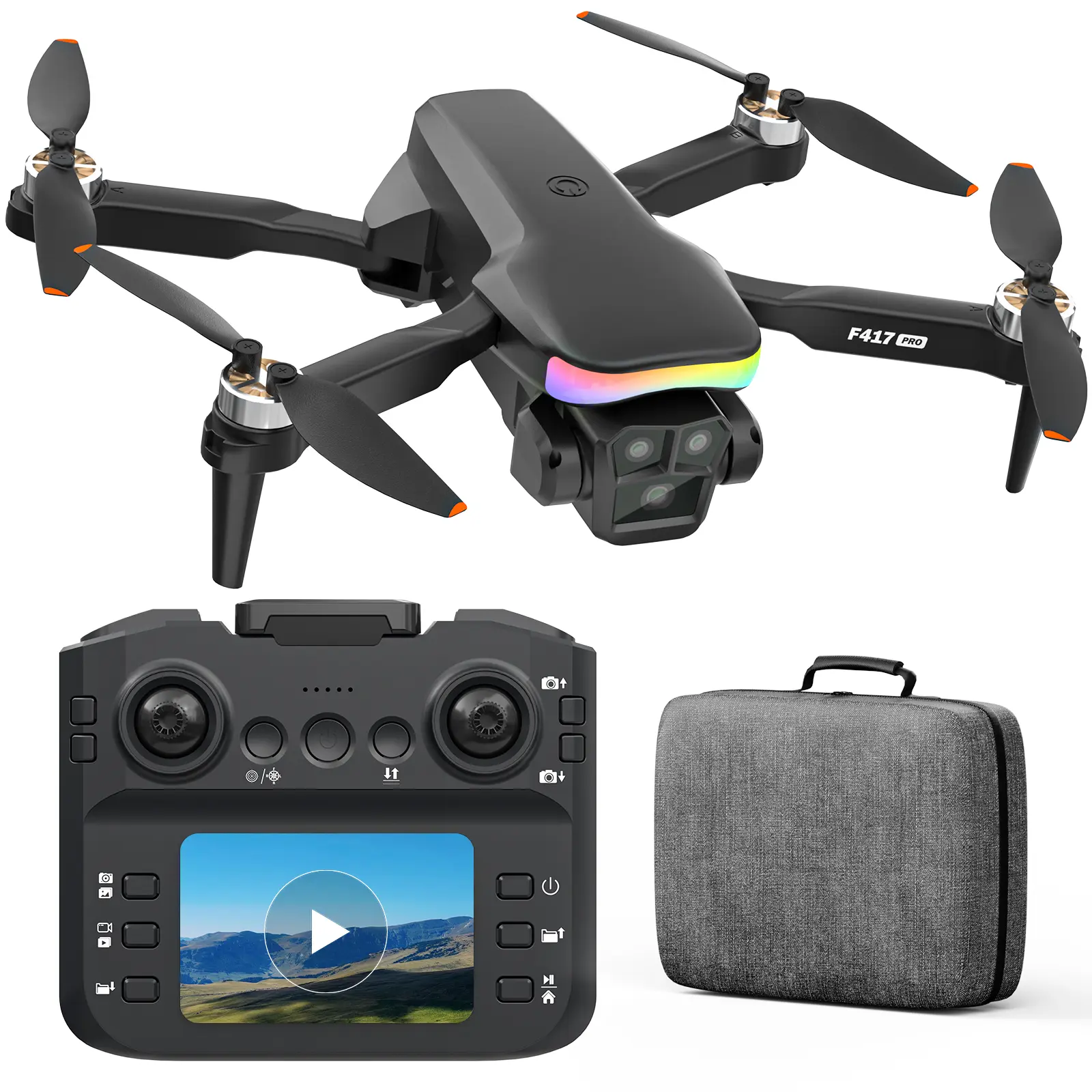 F417PRO FPV Drone for Beginners, 1080P Dual 90° Lenses, LCD Screen, LED Lights, Optical Flow, Remote Control, Modular Battery, 1-Key Start, Headless Mode, 3D Flip, Adjustable Portable Mini Electronic Drone with Accessories