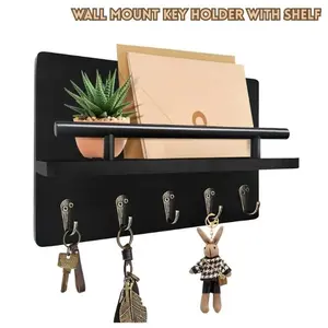 Wall Mount Key Holder with Shelf – Rustic Wooden Key Rack Organizer with 5 Hooks for Entryway, Mail, Dog Leash & Sunglasses, Home Decor