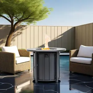 30" Propane Gas Fire Pit Table, 50000 BTU Round Steel Fire Pit with Wood Grain Ceramic Tabletop for Outside Patio Deck Garden Backyard