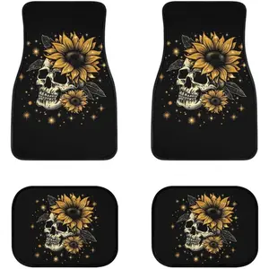 4-Piece Skull and Sunflower Car Mats | Polyester Automotive Floor Mats, Suitable for SUVs, Trucks, Sedans, Vans, Truck Accessories