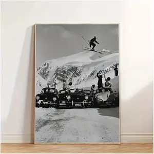 Vintage Ski Resort Canvas Art Poster 15.75x23.6 Inches - Unframed Black & White Winter Sports Wall Decor with Classic Cars & Skiers, Nostalgic Mountain Landscape for Living Room, Bedroom, Office
