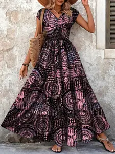 Vintage Geometric Floral Print Dress, Fashionable Elegant Deep V Short Sleeve Long Dress, Stylish Women's Clothing