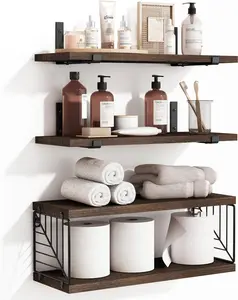 3+1 Tier Bathroom Floating Shelves Over Toilet, 15.8in Farmhouse Rustic Wood Shelves, Wall Decor for Bathroom, Living Room Wooden Decorative Installation Metal