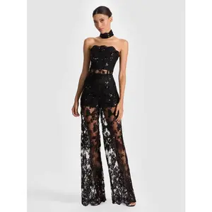 Alice + Olivia Georgie Embellished Lace Jumpsuit in Black