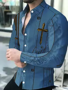 Men's Fashionable Casual Long Sleeve Collared Blue Print Shirt