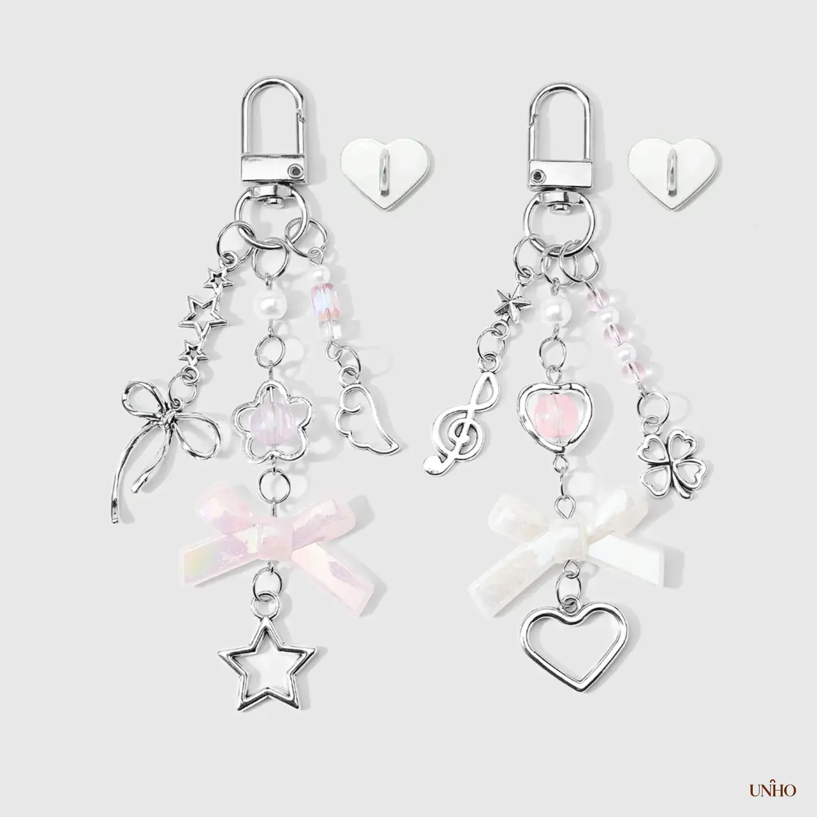 1Pc Minimalist Fashion Silver Key Ring Charm, Multi Motif Bow Wing Musical Note Four-Leaf Clover Star Heart Pendant, Versatile DIY Accessory For Bags Cups Daily Girls Wear & Holiday Gift