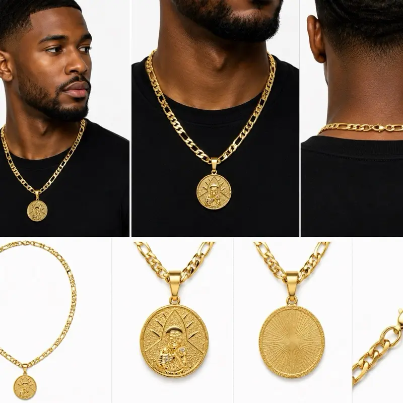Men’s Gold Round Saint Pendant Necklace | Stainless Steel | Tarnish Resistant