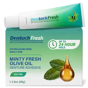 HOT 2026! Denttach Fresh Denture Adhesive with Invigorating Mint Flavor, Petroleum Free Olive Oil Based Denture Cream for Full and Partial Dentures, All Day Hold Denture Glue, Zinc Free, 2.4 Ounce
