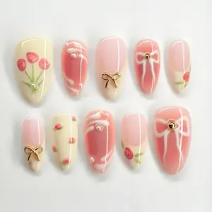 24Pcs Rose Flower Press on Nails Medium Almond Yellow French Tip Fake Nails with 3D Pearls Designs Bow False Nails Cute Bows Floral Full Cover Pink Gradient Glossy Artificial Stick on Nails for Women