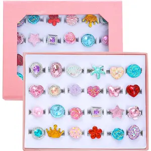 L-GRW002 24pcs Little Girl Jewel Rings, Adjustable, No Duplication adults and Kids Play Ring in Box,Pretend Play and Dress Up Rings for 4-12 Year Old Girl Birthday Christmas Gifts,3 4 5 6 7 8 9 10 11 12 Year Old