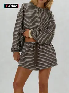 Women's Striped Long Sleeve Top & Elastic Waist Front Pocket Shorts Set, Comfortable Casual Clubwear Christmas Elegant, Womenswear