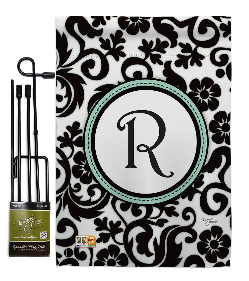 Breeze Decor BD-SB-GS-130070-IP-BO-D-US09-BD 13 x 18.5 in. Damask R Initial Interests Simply Beauty Impressions Decorative Vertical Double Sided Garden Flag Set with Banner Pole