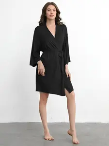 Leisure Soft & Comfy Long Sleeve Belted Wrap Robe - Black