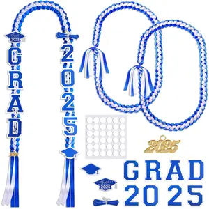 Graduation Ribbon Leis Set Class of 2025 Handmade Double Braided Necklace Adjustable Includes Silk Leis Grad Cutouts 2025 Pendant for Graduation Party Accessories(Blue, White)
