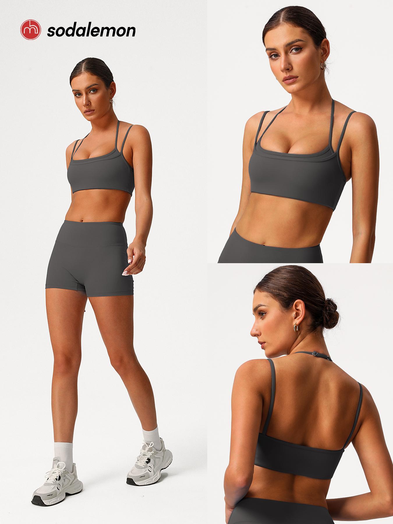 Sodalemon Women double layered-strap scoop-neck yoga sports bra, cropped open-back workout top, outdoor Pilates fitness sports bra