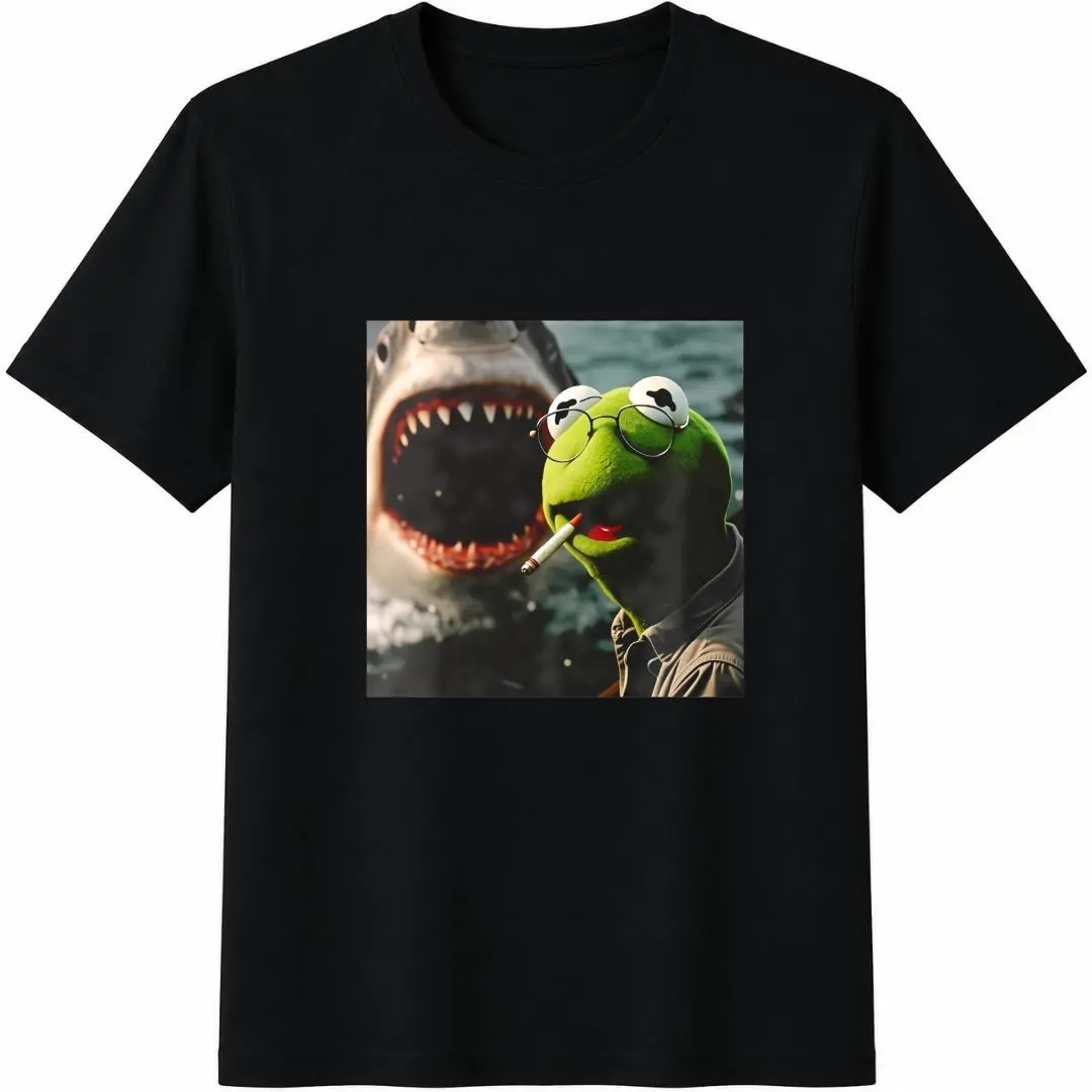 Vintage   Dark Humor Shirt, Smoking Frog Meme Tee, Shark Attack Parody T-Shirt, Retro Cinematic Graphic Shirt, Funny Meme Kermit Shirt Casual Breathable