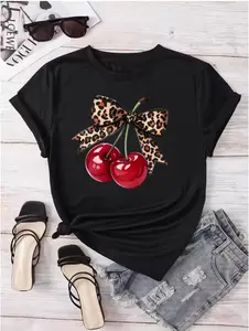 Leopard Bow Cherry Print Short Sleeve Cotton T-Shirt, 100% Cotton, Y2K Summer Casual Tee