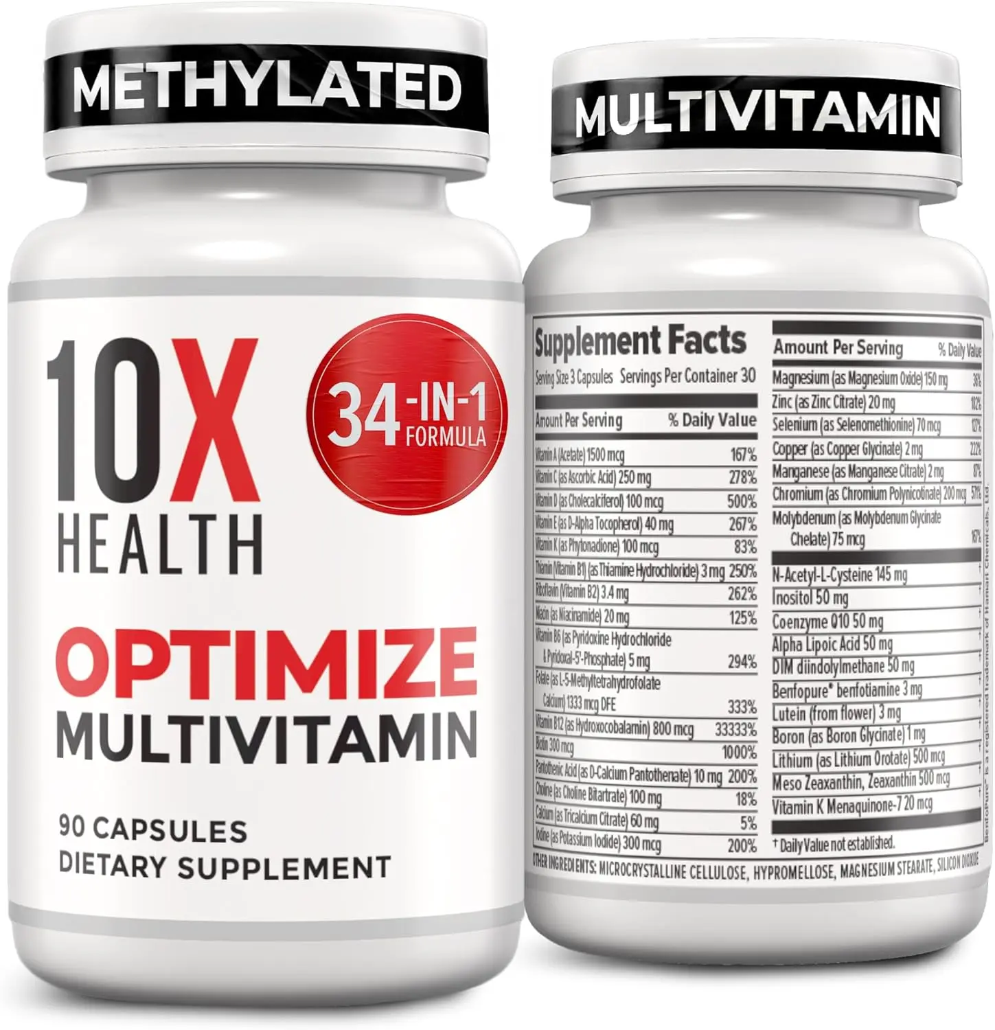 Methylated Multivitamin with Vitamin B12, 5-MTHF, NAC, Magnesium & Zinc | 34-in-1 Daily Formula | 90 Capsules