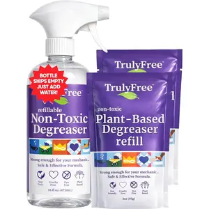 Truly Free Heavy Duty Degreaser- Grease Remover & Grime Cleaner for Kitchen, Automotive & More, Household Cleaning Supplies, Fragrance-Free, Includes 16 oz Reusable Empty Bottle & 2 Refills (4 oz)