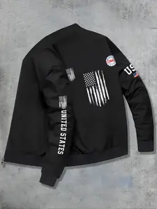 Men's Usa Flag Letter Baseball Collar Zipper Jacket, Casual Fitted Outerwear, Trendy Stand Collar Cardigan, Fashionable Men's Coat