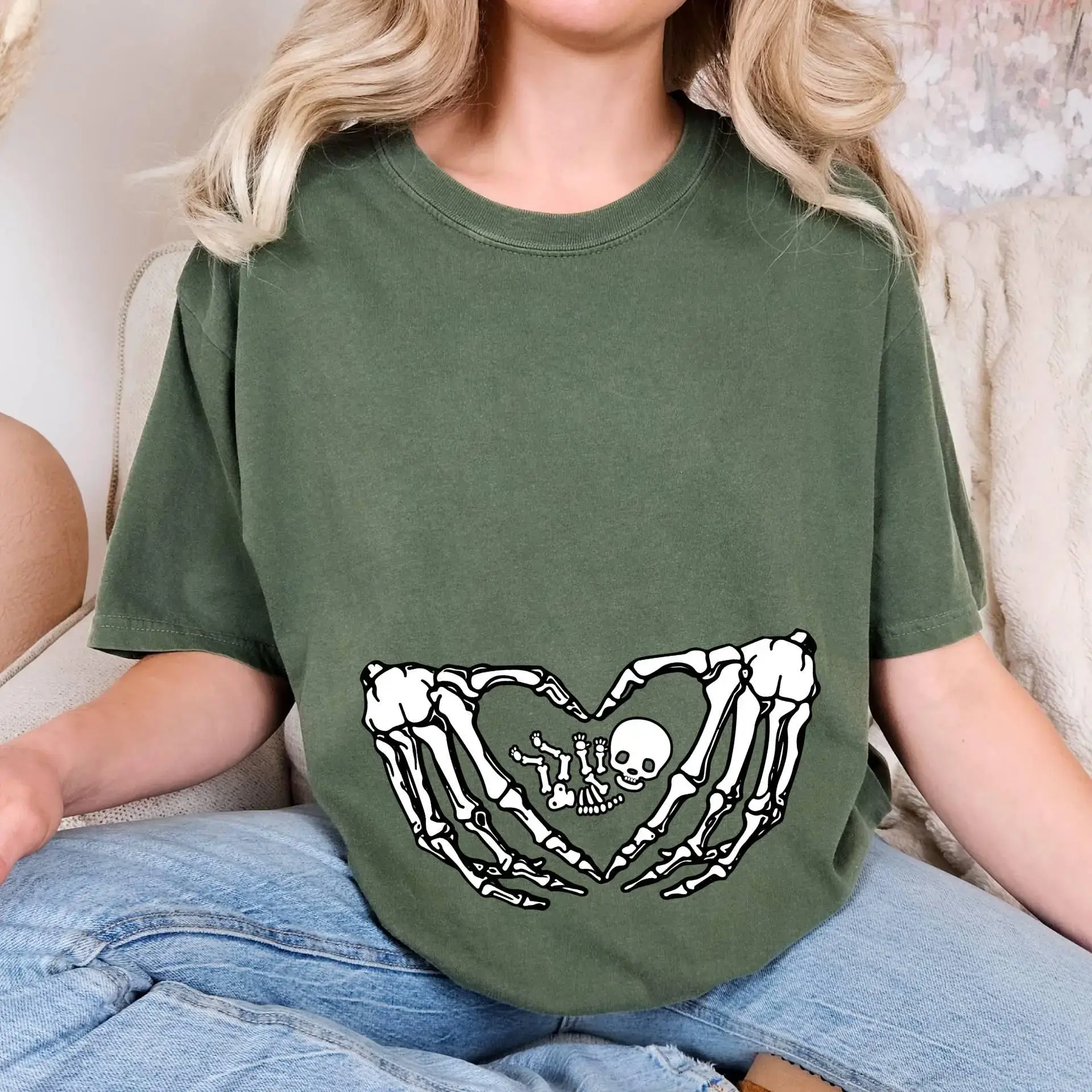 Comfort Colors Pregnant Skeleton T Shirt, Skeleton Baby Halloween Maternity Shirt, Pregnancy Mom Gift M aternity Shirt With Baby Skeleton - HARSIN
