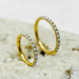 White Pearl Clicker Ring, Dainty Hoop Earrings Conch Cartilage Lobe Earrings Piercing Jewelry, 16g Cute Everyday Earrings