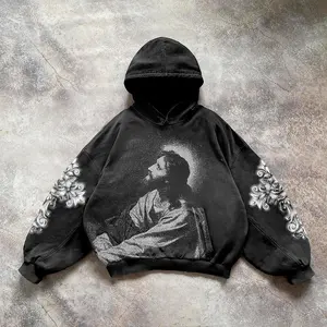 [Holy Threads] Jesus Thinking Graphic Versatile Oversized Jesus Hoodie Acid Washed Vintage Hoodie Jesus Shirt Unisex Jesus Hoodie Christian Merch Christian Apparel God Apparel