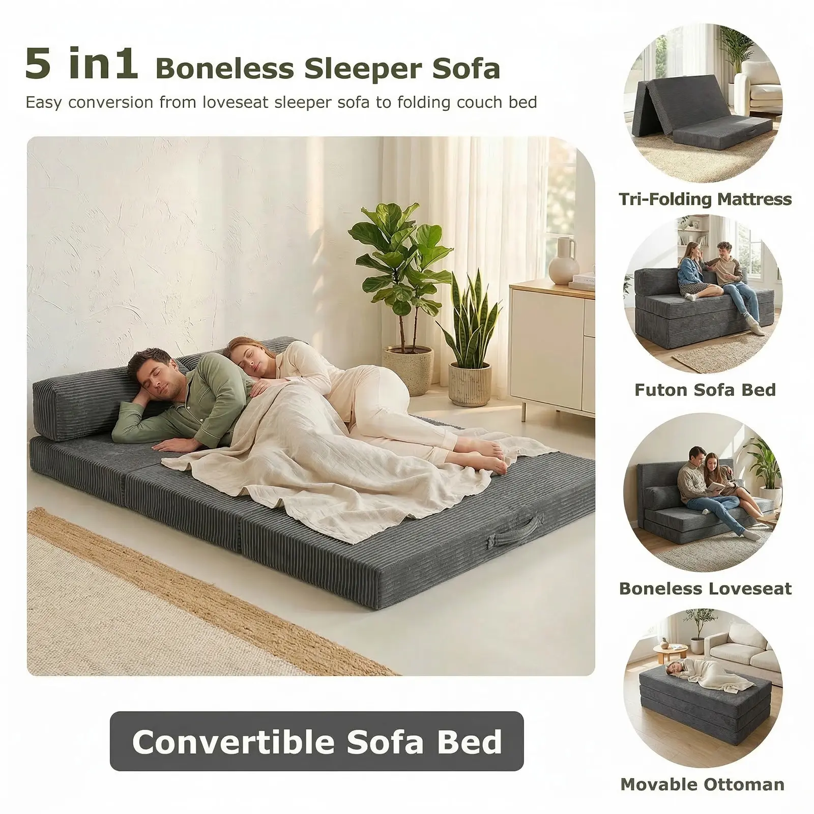 Tri-Folding Mattress Futon Sofa Bed, Convertible Foldable Mattress Foldable with Removable Cushions & Washable Cover, Floor Mattress Small Couch Bed Living Room