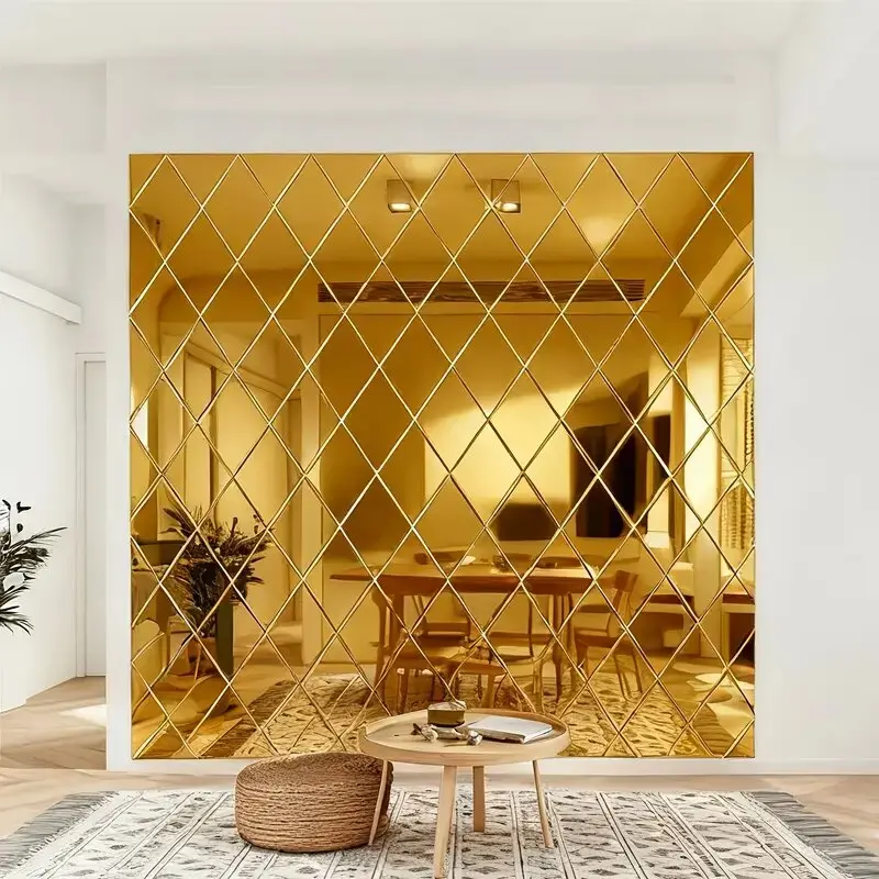 Golden three-dimensional acrylic Reflective mirror wall sticker, Modern geometric diamond shaped self-adhesive wall sticker, Wall Stickers Decorations, suitable for DIY home and office decoration