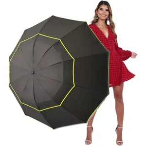 Upf 50 uv protection compact golf umbrella62 inch extra large oversize double canopy vented umbrella windproof waterproof for men and women