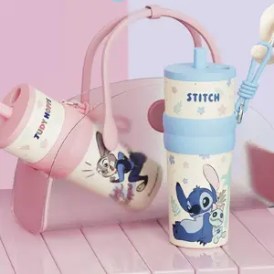 Disney Series Heartwarming Straw Thermal Cup – 720ml (24oz) Insulated Drinkware for Hot & Cold Beverages, Featuring Judy Hopps, Nick Wilde, and Stitch