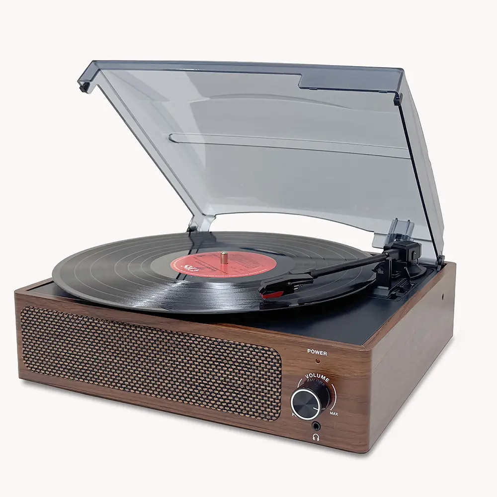 Vintage Walnut Wood Turntable - 3-Speed Vinyl Record Player with Built-in Stereo Speakers, Earphone Jack, RCA Line-out, No