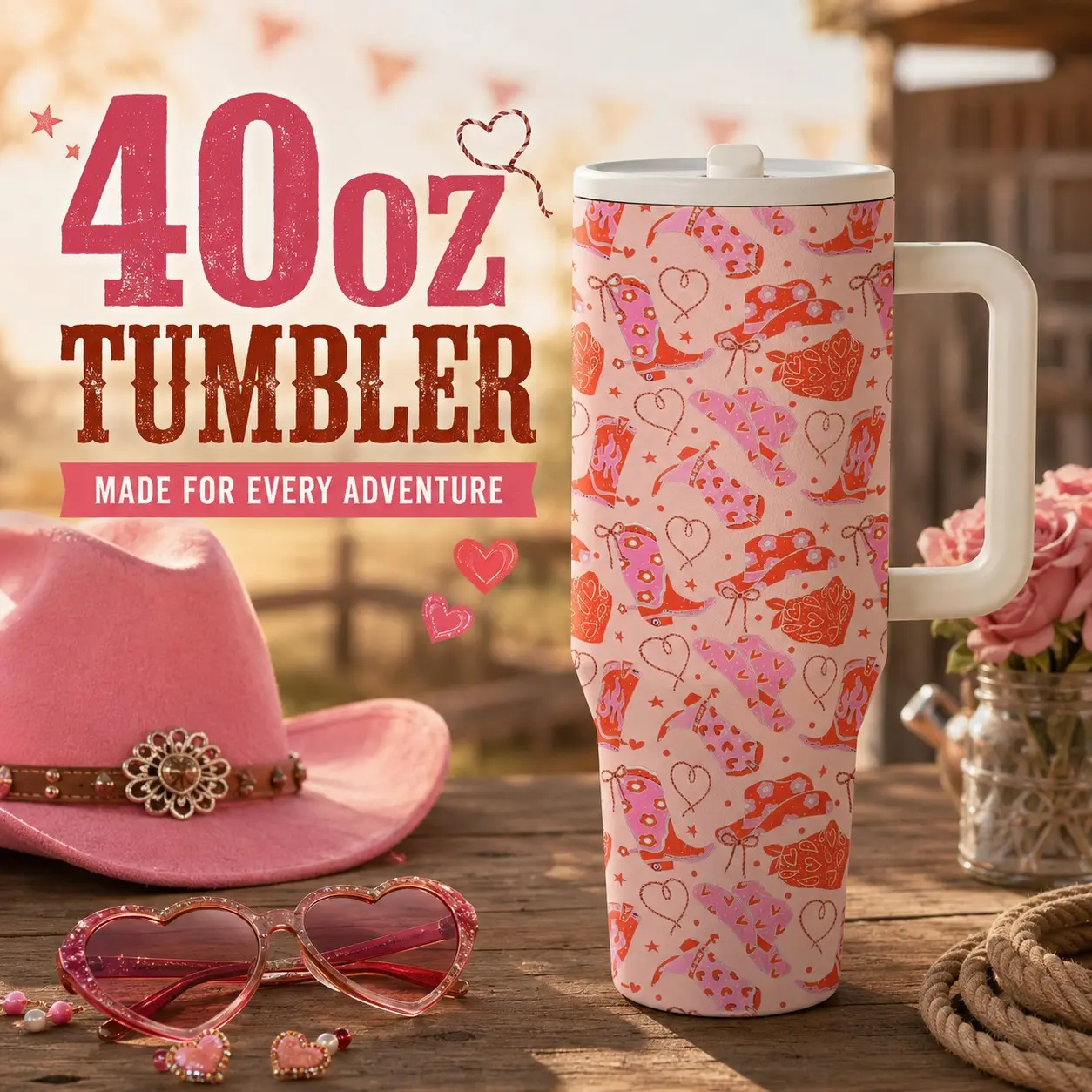AuraCup 1pc 40oz Insulated Tumbler with Handle and Lid, Thermos Cup, Western Cowgirl Boots Hats Carousel Horse Pattern Stainless Steel Tumbler, Double Wall Vacuum Travel Mug for Coffee Tea Water, Keeps Cold 12H Hot 6H, Gift for Cowgirl Western Lovers