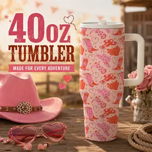 AuraCup 1pc 40oz Insulated Tumbler with Handle and Lid, Thermos Cup, Western Cowgirl Boots Hats Carousel Horse Pattern Stainless Steel Tumbler, Double Wall Vacuum Travel Mug for Coffee Tea Water, Keeps Cold 12H Hot 6H, Gift for Cowgirl Western Lovers