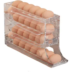 Egg Holder for Fridge   4 Tiers Automatic Egg Rolling Dispenser   Space Saving Egg Tray for Refrigerator  Holds 30 Eggs Simultaneously  Rolling egg dispenser (Color : Transparent)
