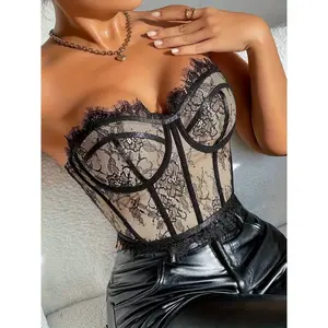 Lace patchwork bust top, elegant strapless slim-fit corset top, suitable for parties and clubs, women’s fabric clothing