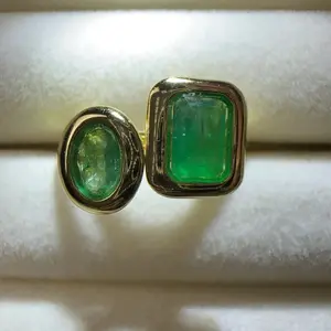 <PingEast jewelry >Emerald ring202—-925 Sterling Silver Gold-Tone Ring Set | 5×7mm Rectangle & 4×6mm Oval Gemstones, Rich Color & Elegant Design
