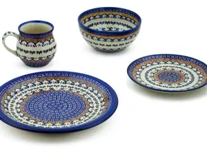 Polish Pottery 4-Piece Place Setting Blue Cress